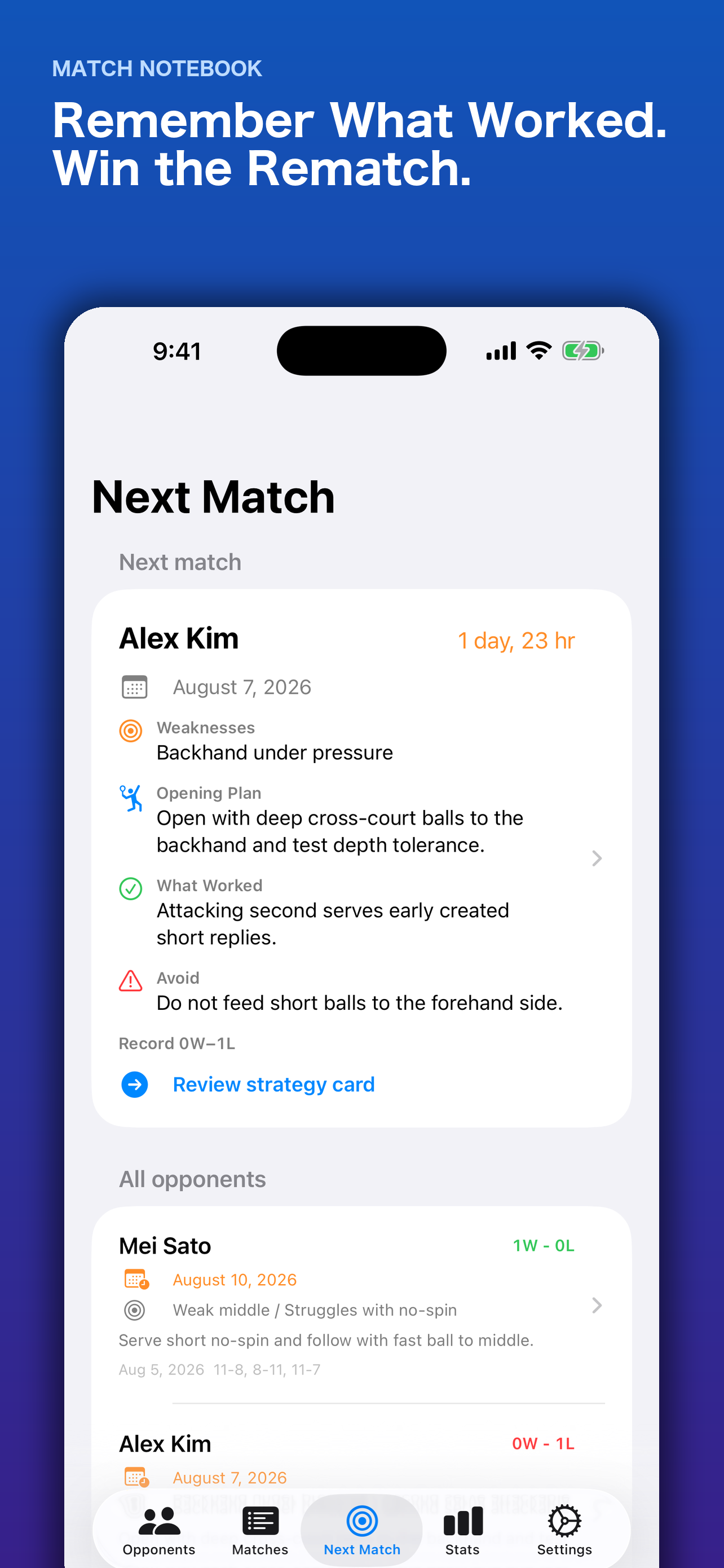 Match Notebook next-match screen