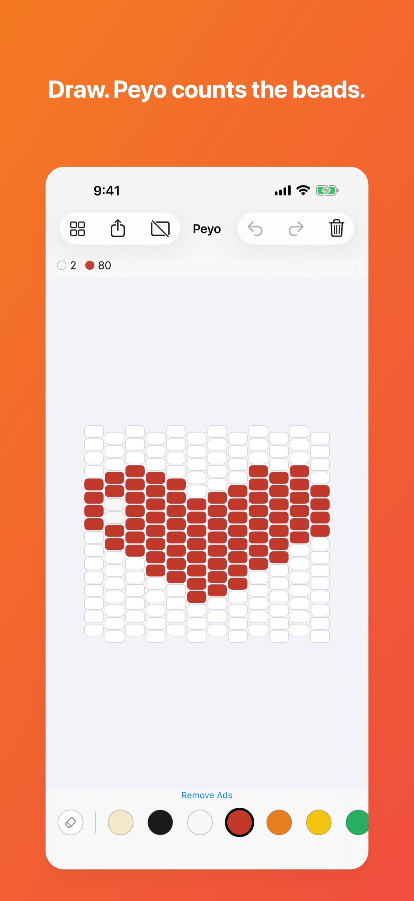 Peyo's real editor screen showing a heart pattern and bead counts by color
