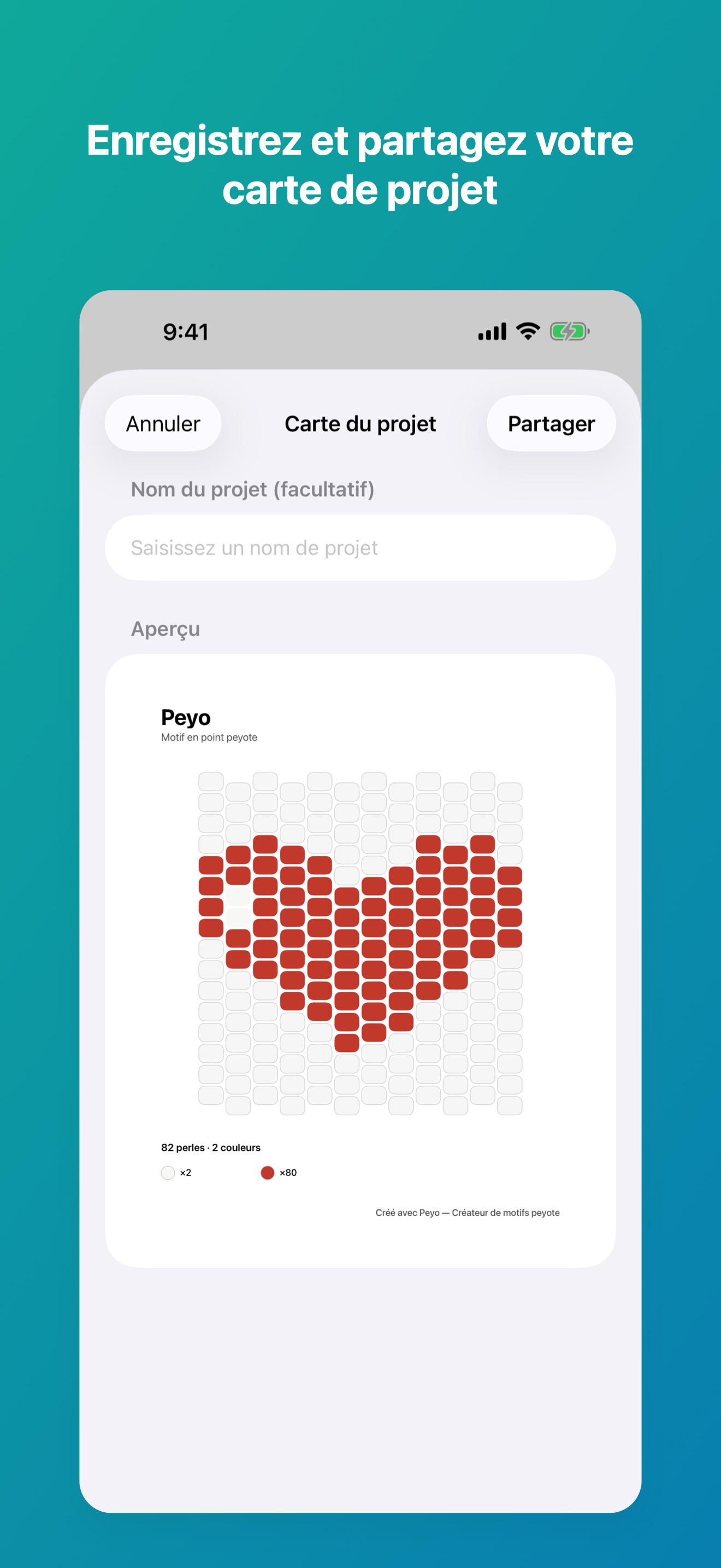Écran de la carte de projet à enregistrer et partager