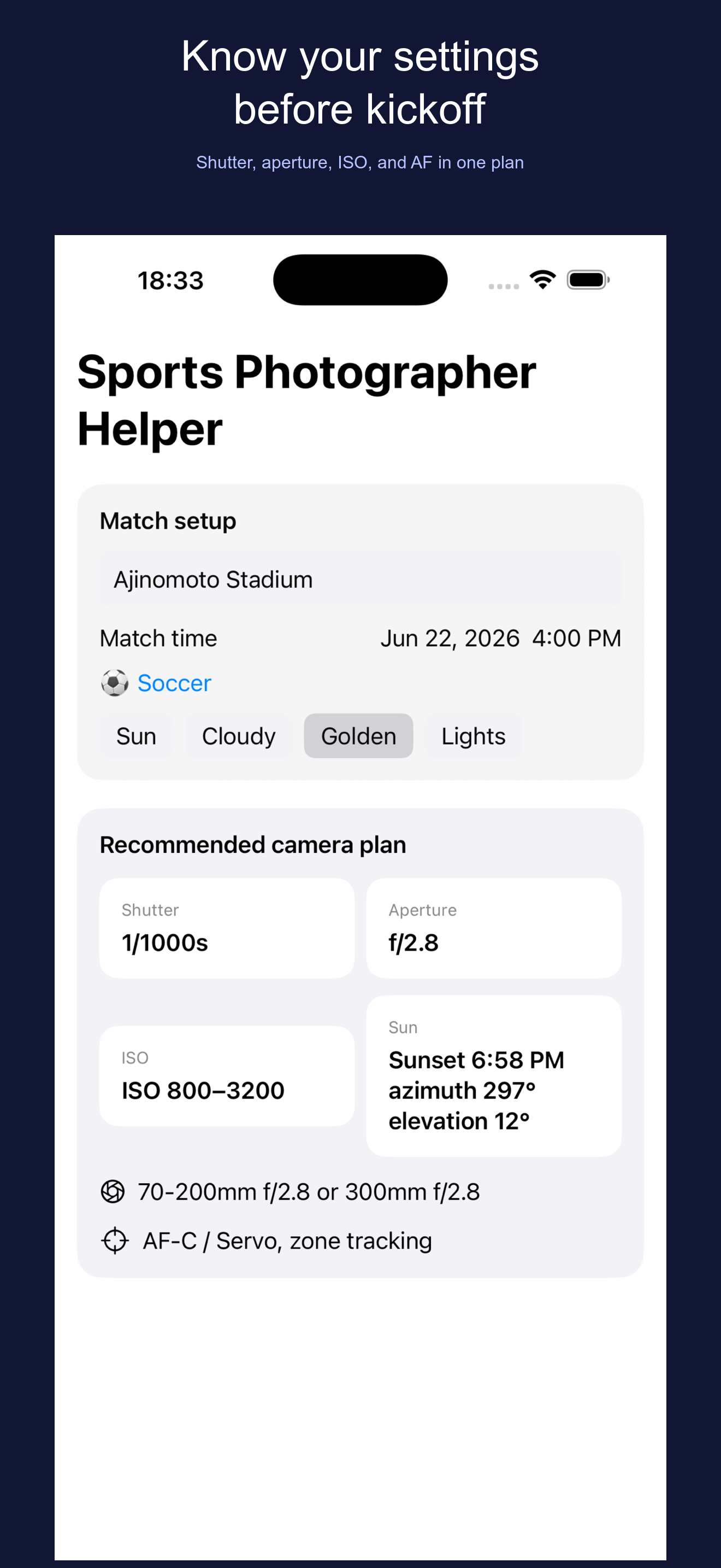 Sports Photographer Helper match setup and camera plan