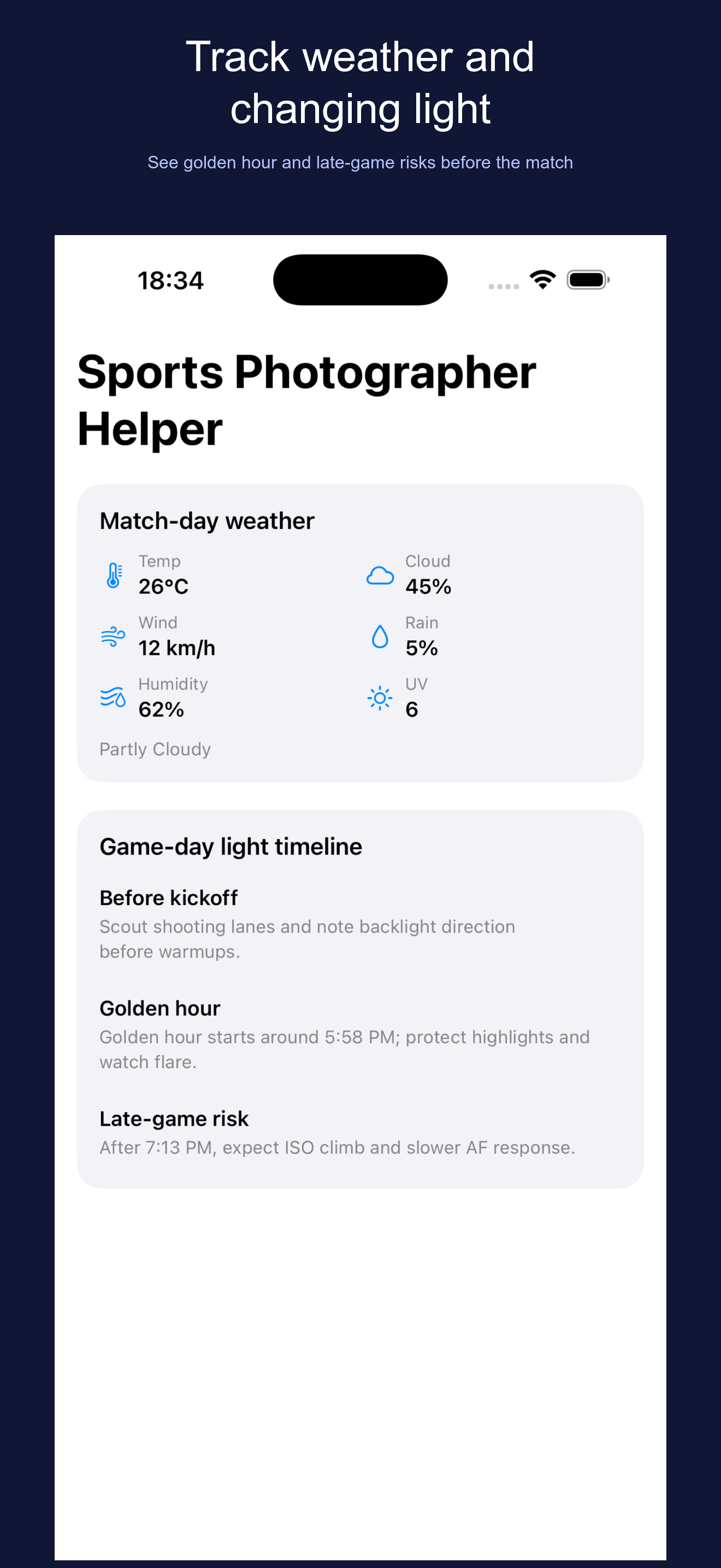 Match-day weather and light timeline