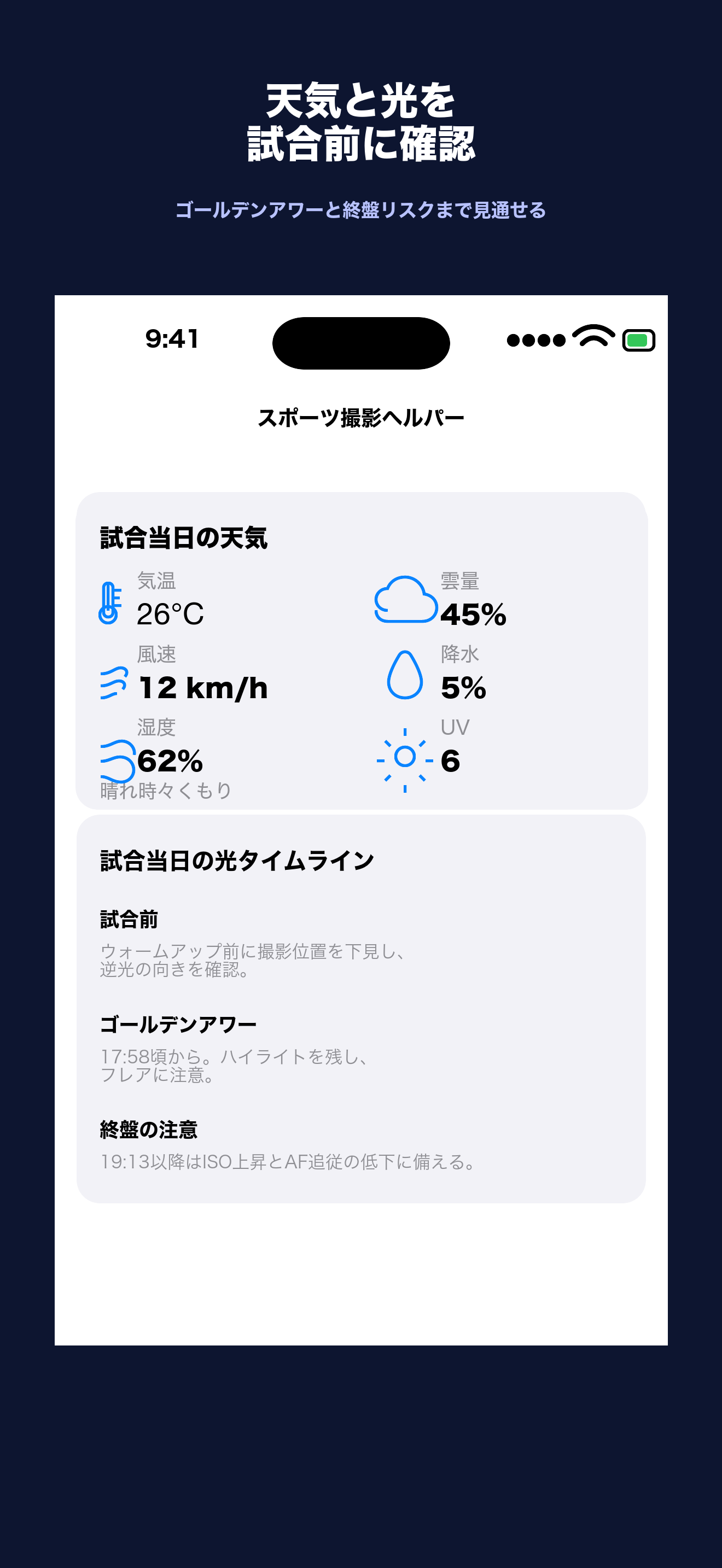 試合当日の天気と光のタイムライン